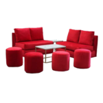 Sala lounge en tono rojo para 8 personas. No incluye mesa de centro.